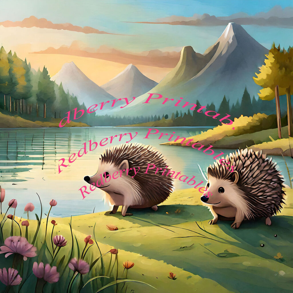 two hedgehogs at a lakeside
