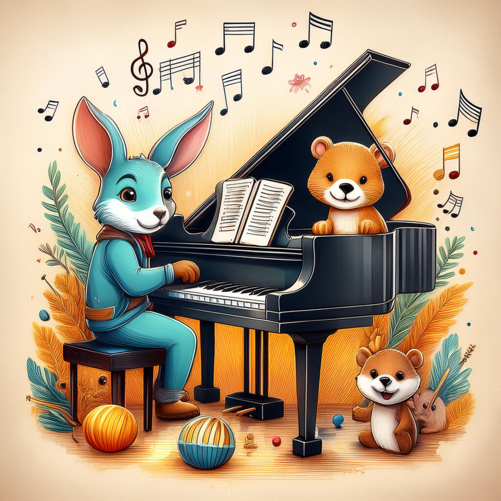 A blue rabbit playing piano with a bear sitting inside to brighten up a music room art images