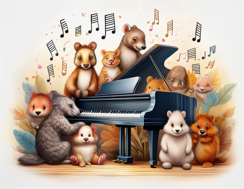 a group of animals around a grand piano as music room art
