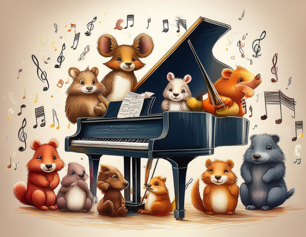 Furry animals around a grand piano for music room art