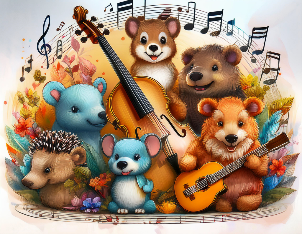 Animals with a guitar and large cello with music floatig around their heads as music room art decor