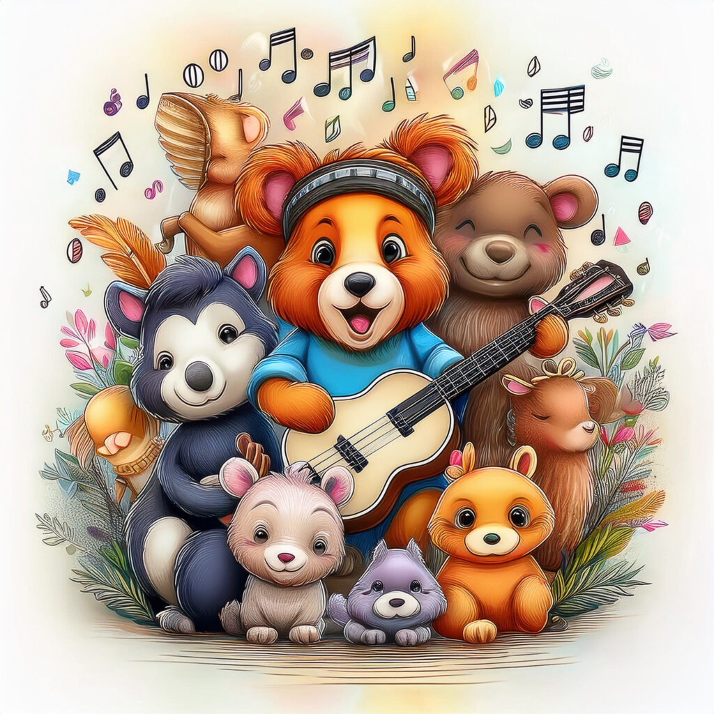 Young animals with a guitar as music room art