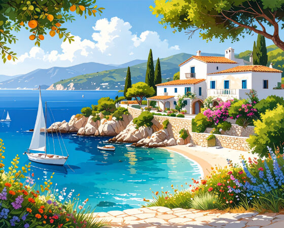 Water Color Mediterranean Summer Painting