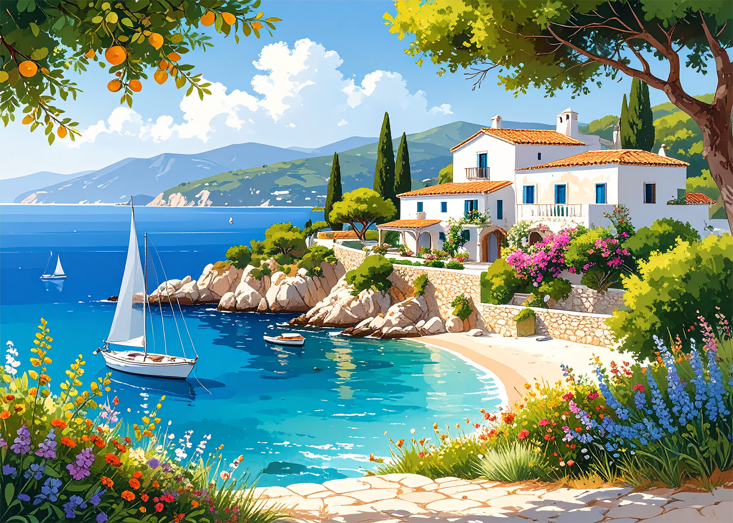 A mediterranean view of a white house overlooking a blue sea bay. A small boat is skimming across the water headin out to sea.