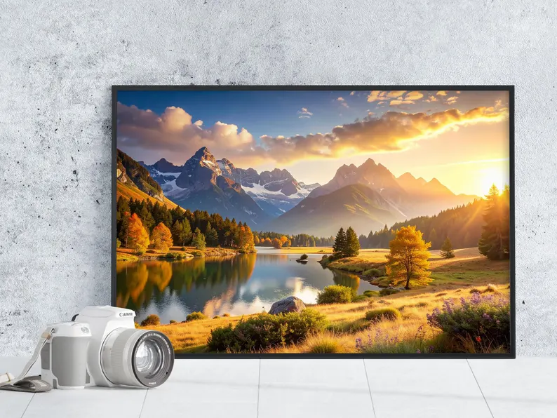 create a cosy home with warm art picture of mountans and slow moving water across a vast field in the fall or autumn.