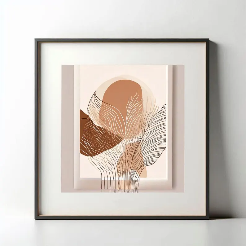 Neutral Line Tryptich Abstract Art in a black frame on a floor and leaning against a gray wall.