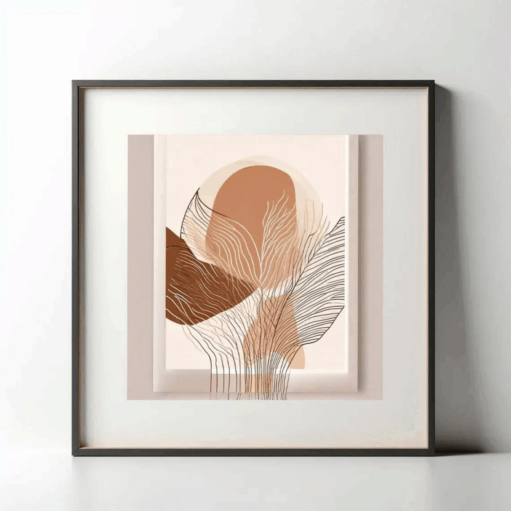 Neutral Line Tryptich Abstract Art in a black frame on the floor and leaning against a wall.