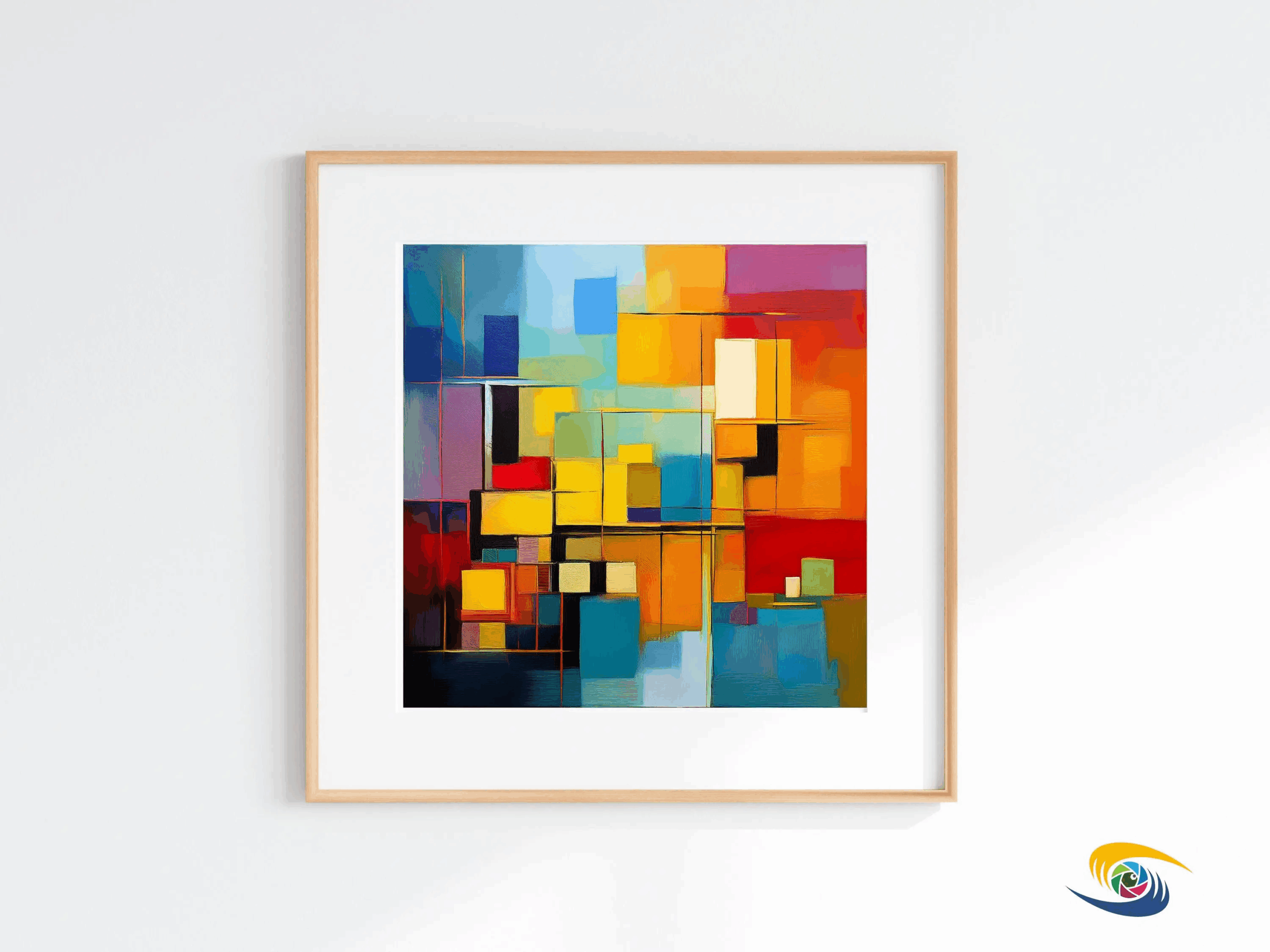 Color Block Abstract Oil Painting in a wooden frame