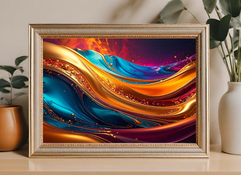 An abstract image of abstract liquid gold home print in a wooden frame and resting on a shelf.