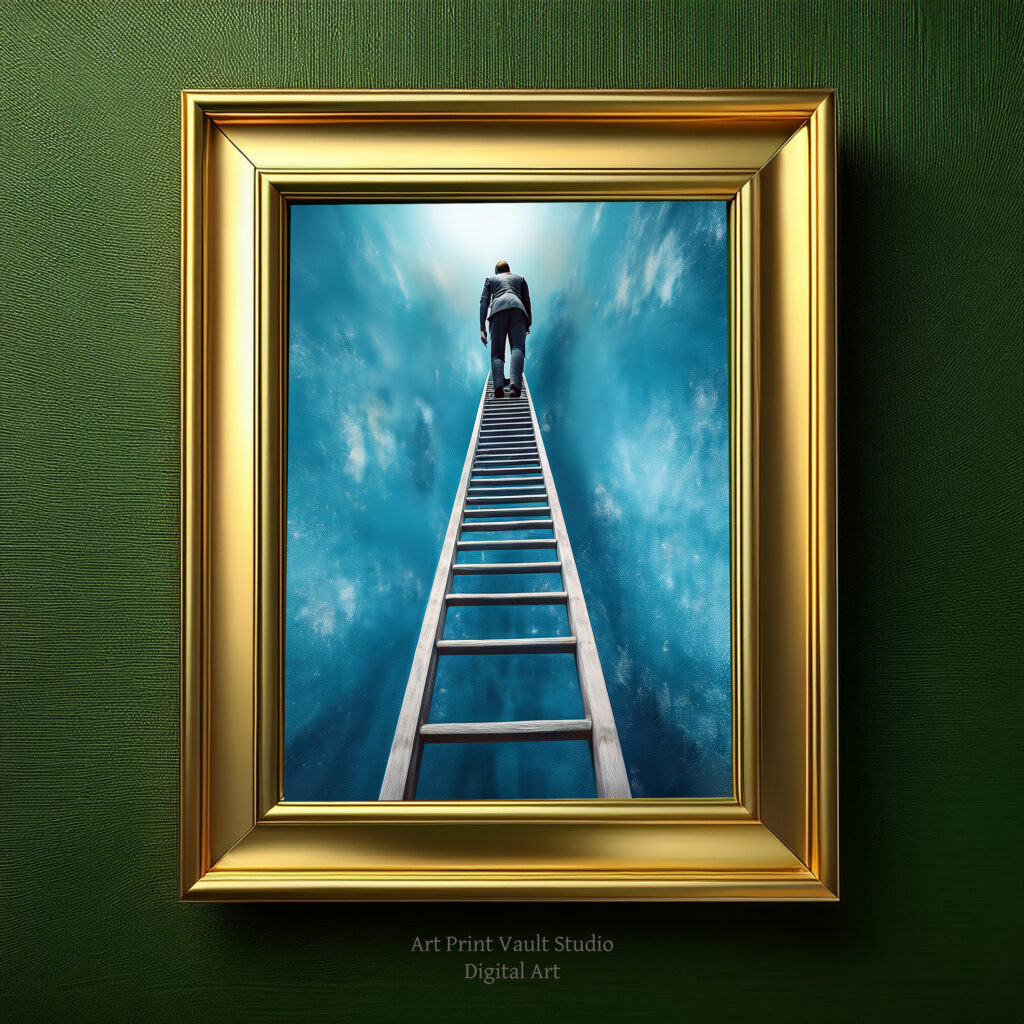 A man climbing a ladder to th sky. Painting in a golden frame on a dark green wall.