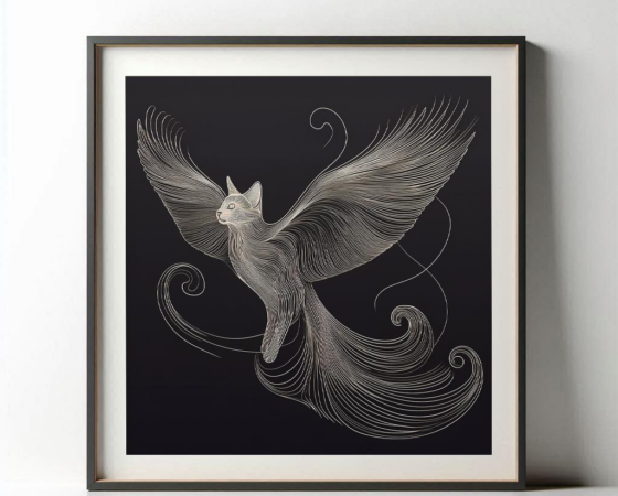 Surreal Flying Cat Etching: A Bold Statement in Black and White Digital Art