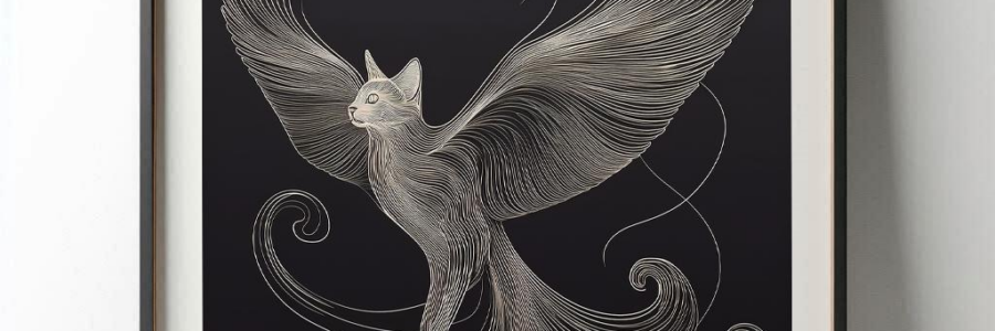 Surreal Flying Cat Etching: A Bold Statement in Black and White Digital Art