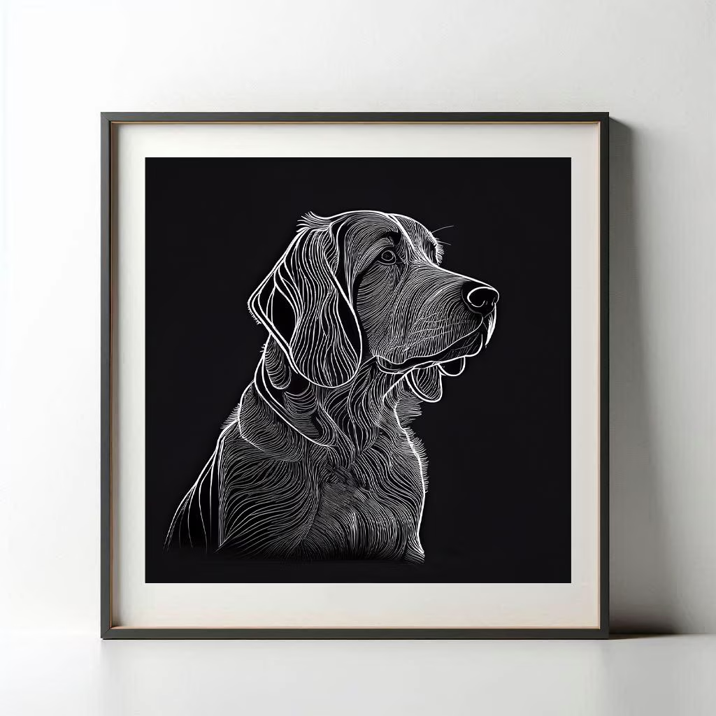 A black frame containing a black and white etching style dog print