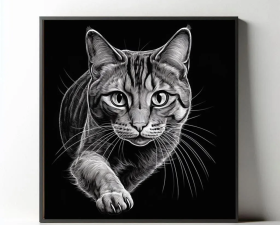 High-resolution black-and-white etching of a cat ready to pounce