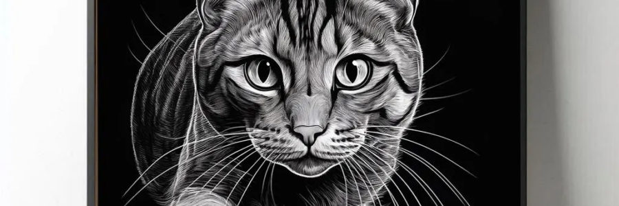 High-resolution black-and-white etching of a cat ready to pounce