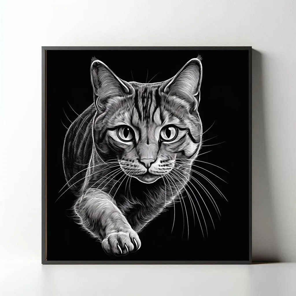 High-resolution black-and-white etching of a cat ready to pounce