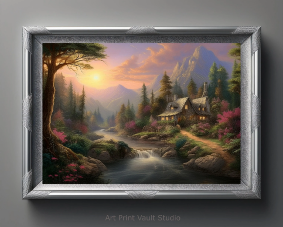 Warm Country House by the Stream – Printable Oil Painting for Rustic Charm