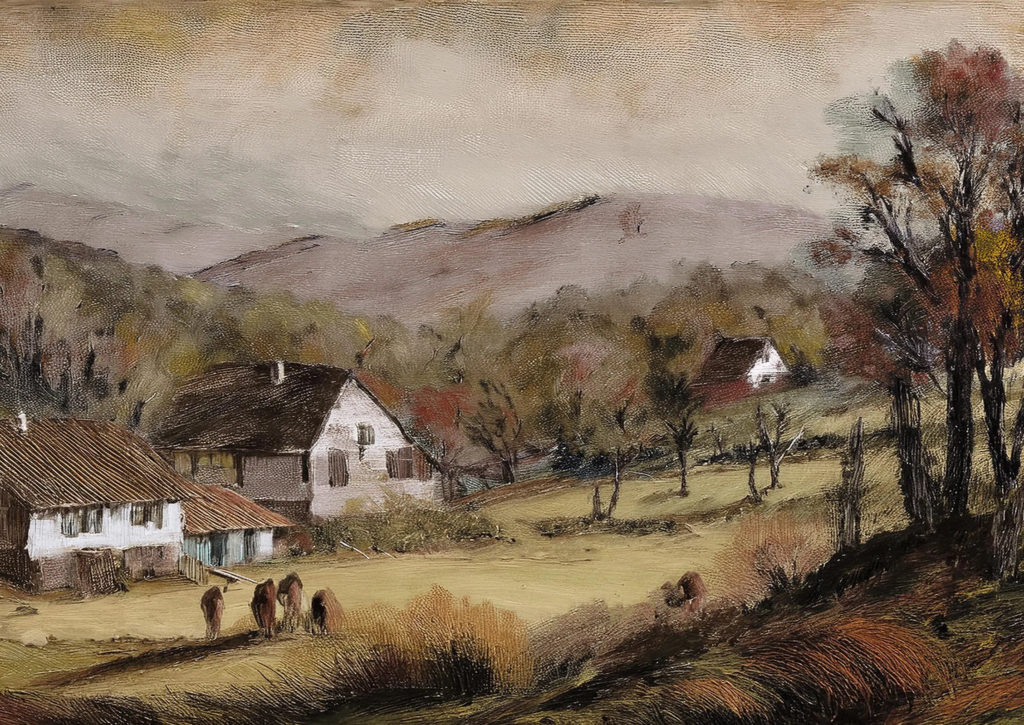 print of a farm on a slightly banking piece of land in the french countryside.